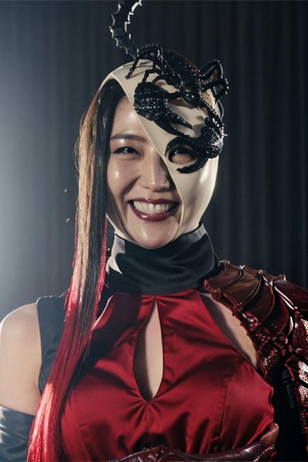 SasoriAugment01 a woman, asymmetrical costume, long black glove, red scorpion arm, black and white scorpion mask, red top, red corset, long black skirt, gray cape, black collar, two-tone hair, red lipstick