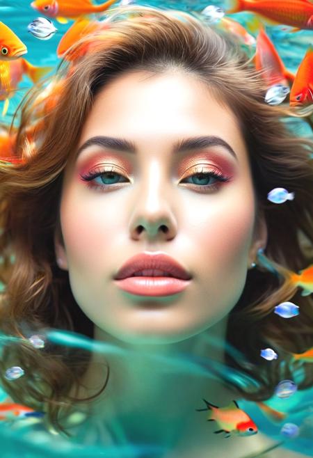 An eye-catching, hyper-realistic profile portrait of a beautiful woman with flawless, sun-kissed skin and a captivating gaze. Instead of hair, her head is adorned by a swirling vortex of crystal-clear ocean water. Within the water, vibrant coral reefs teem with exotic fish in a dazzling array of colors. Bioluminescent creatures illuminate the depths, casting an ethereal glow on the woman's face. Schools of fish gracefully travel down her neck and shoulders, mimicking the flow of cascading hair. The overall style is meticulously detailed, yet with a surprisingly drab color palette. The water, while vibrant with life, lacks the usual bright blues and greens, instead reflecting muted turquoise and dusty teals. The woman's skin, though flawless, has a hint of paleness, her lips a muted rose color. The overall effect is mesmerizing and dreamlike, a captivating beauty born from the unexpected fusion of a woman and the ocean, yet tinged with a subtle melancholy.