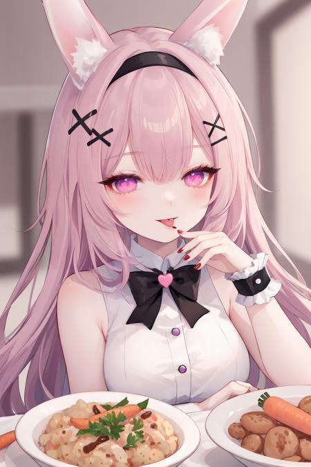 1girl, animal ears, solo, hair ornament, rabbit ears, animal ear fluff, looking at viewer, wrist cuffs, food-themed hair ornament, blurry, long hair, tongue out, tongue, bangs, multicolored hair, nail polish, carrot hair ornament, sleeveless, blush, cat ears, blurry background, fake animal ears, virtual youtuber, pink hair, depth of field, streaked hair, heart, brown hair, hairclip, hairband, pink eyes, :p, purple hair, rabbit hair ornament, bow, x hair ornament, black hair, food