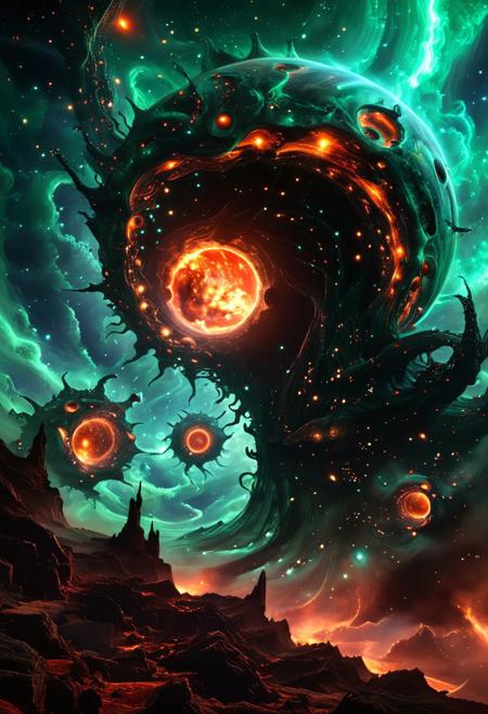 An unfathomable sentient galaxy, its spiraling arms composed of living, pulsating nebulae and glowing, biomechanical stars, shifting in color like iridescent, cosmic parasites. Black holes writhing with organic tendrils absorb other galaxies, converting entire civilizations into neural data streams. Within its gaseous clouds, grotesque remnants of devoured planets remain—twisted ruins suspended in eerie, luminous voids. This celestial entity grows endlessly, devouring reality itself. Ultra-detailed, hyper-realistic, cinematic lighting, 8K, octane render, cosmic horror, surreal alien intelligence, terrifying scale, nebula glow, eerie bioluminescence. alienworld
