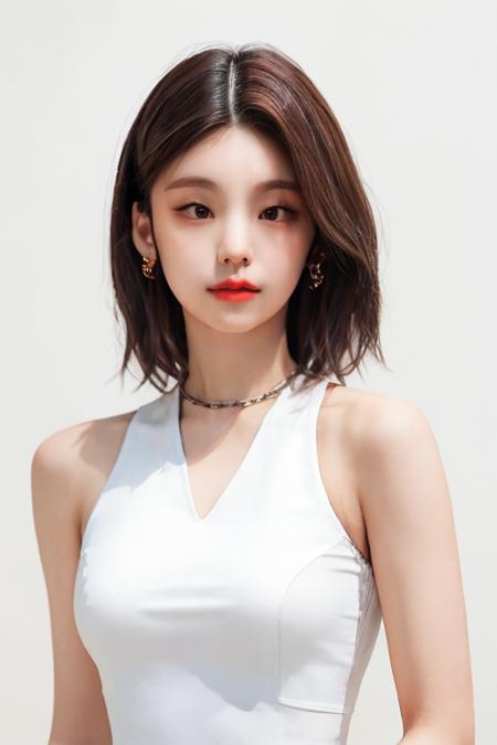 (masterpiece,best quality,realistic:1.3),1girl,solo,upper_body,sleeveless_shirt,bare_shoulders,bob_cut,(white_background,simple_background:1.3), (ulzzang-6500-v1.1:0.3), <lora:yeji_13:0.7>