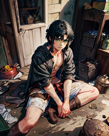 best quality, masterpiece, highres, detailed, perfect anatomy, <lora:Detail - add_detail:0.2>, <lyco:Traits - Rags:0.7>, RagClothing, dirty clothes, 1boy, HarryPotter, green eyes, black hair, short hair, magic, no shirt, loincloth,  <lora:HarryPotter:0.6>, sitting, in the corner, begging for food,