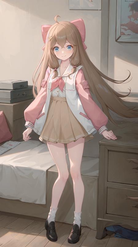 masterpiece, best quality, 1girl, solo, <lora:jiaranV11_0.85_V8_0.15:1>, jiaran, official dress, pink hair bow, brown hair, blue eyes, pink and white jacket, neckerchief, white socks, light smile, looking at viewer, full body, brown skirt, long sleeves, simple background, dynamic pose, closed mouth