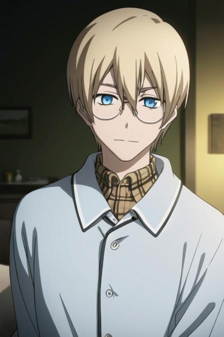 masterpiece, best quality, high quality, 1boy, solo, male focus, looking at viewer, upper body, <lora:william_macbeth:0.78>, william_macbeth, blonde hair, glasses, blue eyes, , pajamas