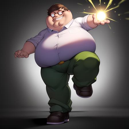 ((masterpiece, best quality)),(complex light), 1boy, solo, full body, peter griffin,  <lora:Peter_Griffin3-10:0.6>, simple background, fat man, green pants, glowing eyes, torn clothes, grin,