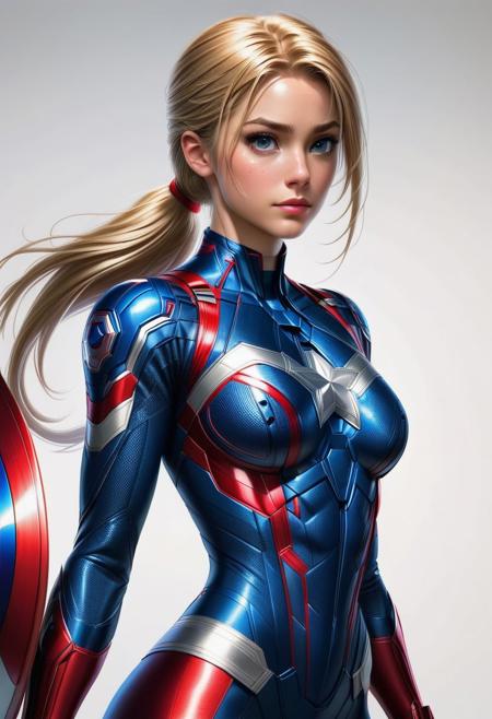 Rapunzel, Captain America, powered futuristic outfit, red and blue suit, ponytail, holding captain america round shield, swept bangs, style of stanley artgerm, white background, simple background