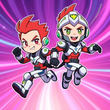 Theme: Futuristic, playful, dynamic.
Characters: Two cartoonish humanoid figures.
Hair: Short, tufted red hair sticking upwards.
Gender: Male or ambiguous.
Age Range: Child-like.
Expressions: Smirking, mischievous, confident.
Outfits: Futuristic suits with padded armor, integrated gloves, boots.
Primary Colors: White, red, blue, and silver.
Accessories: Helmets with colored visors (green and yellow), side logos featuring crosses.
Pose: Energetic running and jumping.
Background: Swirling neon gradient with pink and blue tones.
Mood: Fun, adventurous, high-energy.
Style: Stylized cartoon, semi-realistic lighting effects.