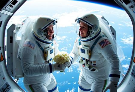 Astro-Brides, The first wedding in space, two women get married in spacesuits, a non-religious space commander officiates the wedding, both of the women have wedding veils on the outside of their spacesuits, in space, outside the spacecraft,