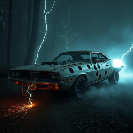 Foggy night. A rusty muscle car with holes through it from corrosion. Muscle car drives through a foggy rough forest terrain. Electric sparks and lightning come from the trees to car. The car body is pierced with many cables and tubes that lead inside the car. There are computers and scientific machines inside the car. Bright lightning is reflected on the car body. Very foggy terrain. Noise in the photo.