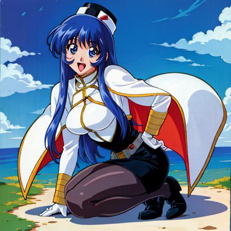 masterpiece, best quality, masterpiece,best quality,highly detailed,1990s \(style\),1990s anime cels style,retro,vivid colors,flat color,outdoor,large breasts,,smile,,from front,squatting,r,straight hair, <lora:yurikaV12:0.6>,yurika_misumaru,nadeshiko,1girl, pantyhose, long hair, blue_hair, uniform, 20 year old woman,gloves, cape, blue_eyes,white_uniform,laege breast,hat, pencil skirt,