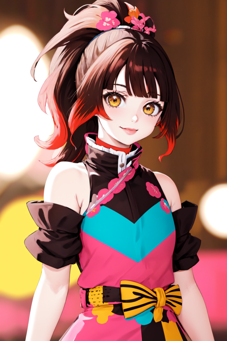 Contrast Pop Art,best quality, ultra high res, kimetsu no yaiba style,1girl, solo, looking at viewer, brown hair, brown eyes, blurry background, blurry, multicolored hair, ponytail, blonde hair, upper body, dress, flower, bare shoulders, smile, lipstick, closed mouth, anime coloring, monochrome, yellow theme <lora:Contrastv2:0.6>