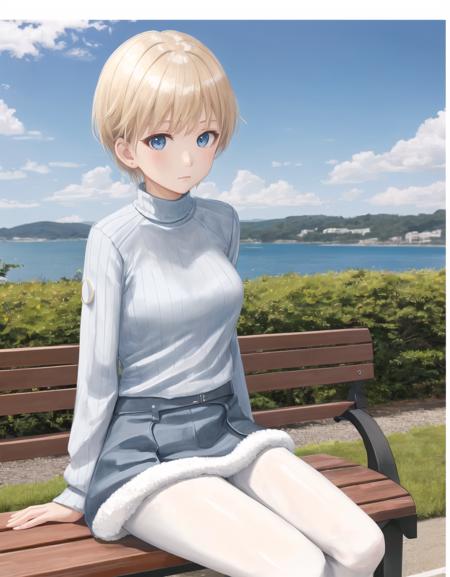 <lora:Nikka-05:1> Nikka , ribbed sweater , white pantyhose , blonde hair , blue eyes, short hair, sky background with border , sitting on bench ,