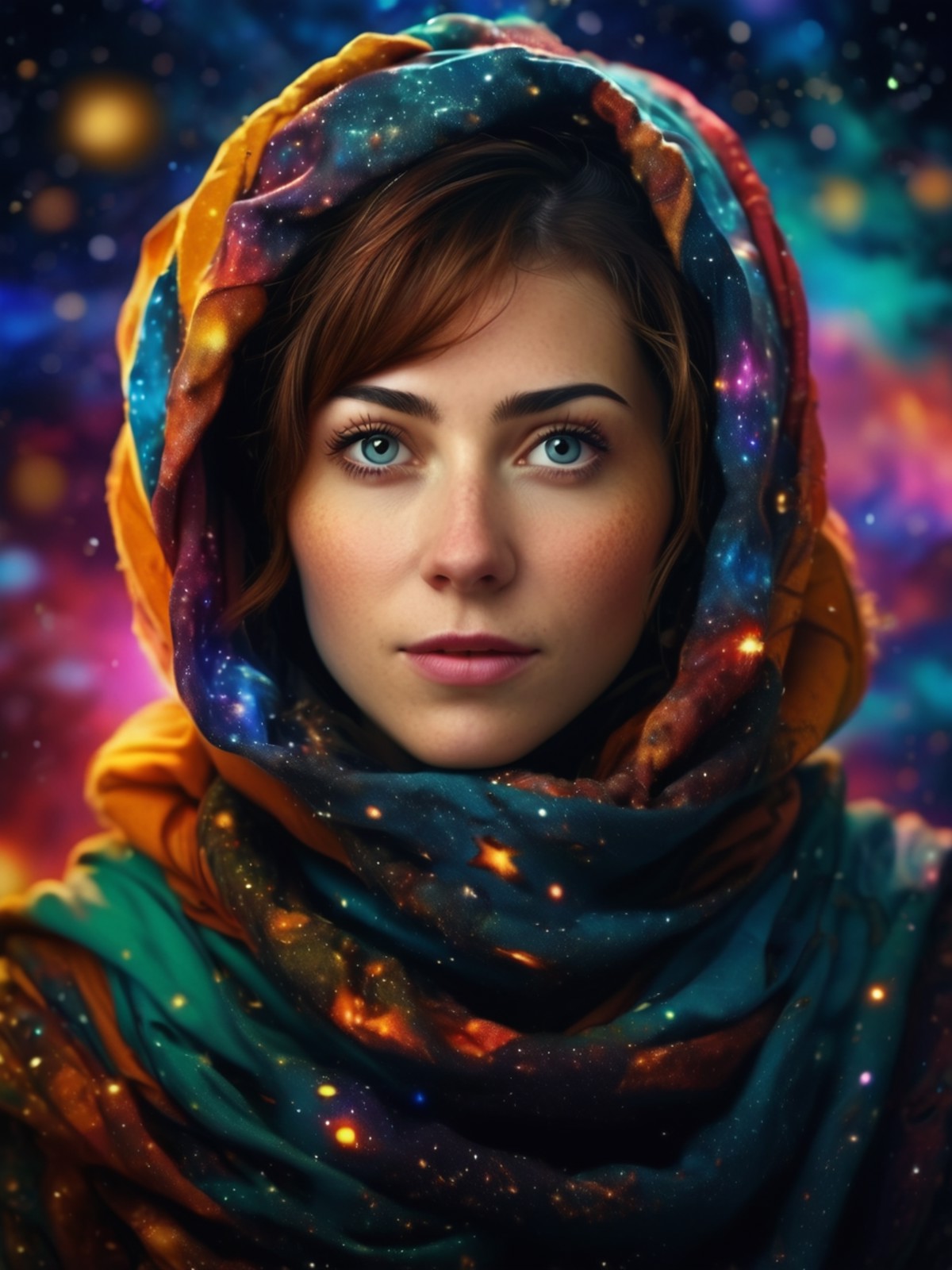 beautiful (afghan woman) in space, galaxy, waist up shot, colorful, stars, nebula, artistic, piercing eyes, (headscarf), m...