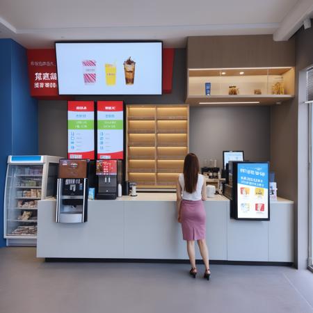 <lora:JJsConvienceStore_XL:1>, ((Convience Store)), , ((masterpiece)), ((best quality)),  real world location, realistic, high detailed,  (indoors) , 1girl,  counter, cash machine, window, table, stool, rank, monitor, screen, vending machine, banner,