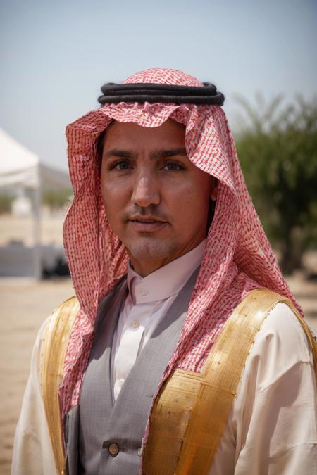 RAW photo, jtrudeau wearing a traditional saudi arabian outfit, 8k uhd, dslr, high quality, film grain, Fujifilm XT3, <lora:justin_trudeau_5:0.55>,