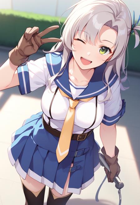 kinugasakaini grey hair, hair tie, green eyes, blue sailor collar, serafuku, yellow necktie, brown gloves, belt, skirt, black thighhighs