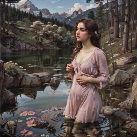 (oil painting),masterpiece,very aesthetic,best quality,amazing quality,highres,absurdres,1girl,solo,(frown,blush,endured_face,clenched teeth),beautiful detailed face,beautiful detailed eyes,long hair,floating hair,wet dress,(holding her own stomach,hand_on_her_own_stomach),barefoot,soaking_feet,beautiful detailed sky,(ray tracing, reflection light,sunlight),mountain,Alps,flowers meadows,cirrus,lake,beautiful detailed  water,<lora:Waterhouse100:0.8>,