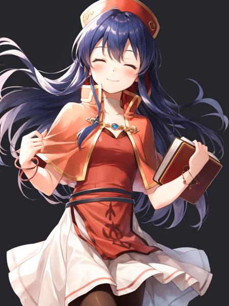 <lora:Lilina_FE-10:0.9>, lilina fe, 1girl, solo, blush, smile, skirt, simple background, hat, dress, jewelry, closed mouth, closed eyes, pantyhose, bracelet, book, capelet