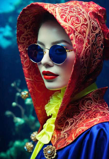 (on the knees)(analog photo:1.2),((dynamic pose:1.2),(dynamic camera),(amateur photo:1.3,art retouch,, analog photo), (close-up) rodian alien Snorkeling ,alien planet,(sci-fi:1.5), spaceship, mineralogical fractal, mutation black petals, nuclear reactor interior, photorealistic surrealism tangka, (film grain:1.2), abstract collage,(masterpiece, high quality, fisheye:1.2), , solo, model photoshoot, (red theme:1.1), a stylish girl,big lips, round_eyewear, solo, pride, , (looking at the viewer), (Francis Drake : 1,2) ((best quality)), (artistic photography by Philippe Halsman and Ara Gler:1.2), award wining, f/5.6, shutter speed 1/125 sec, iso3200, white balance daylight, exposure compensation "-1.5 ev", soaked_mundwasser, an excentric laughing feudal wired-cyborg Rococo shinobi resembling the girl with the pearl-earrings, vibrant neon colorful, 80s synthwave style, translucent DARK-blue/yellow velvet high collar blouse, the face shrouded in darkness, a Large hooded Linen Cape with Highlights and Ornaments, (8k, RAW photo, highest quality), hyperrealistic, intricate abstract, intricate artwork, abstract style, otherworldly, mesmerizing parallel dimension, gravity defies logic, abstract masterpiece, interplay of floating objects, distorted silhouettes, vivid hues, ethereal light, highly detailed,,,Leica Q2 with Summilux 35mm f/1.2 ASPH, ,clear face, Ultra High Resolution,