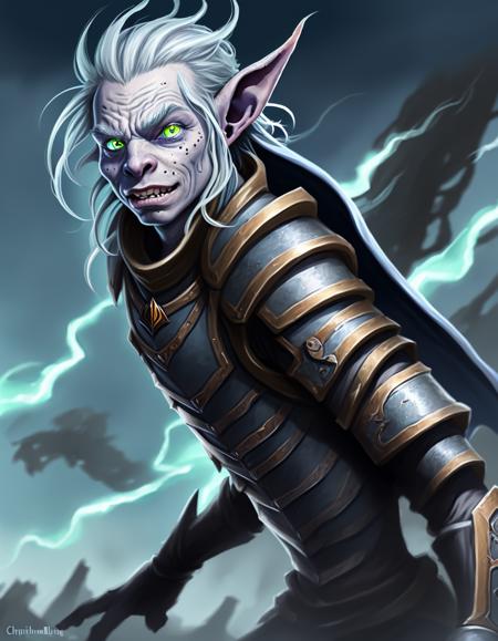 "a highly detailed goblin with grey skin and blue eyes that glow, with a windy background, like magic the gathering, goblin chainwalker,, digital art, by christopher rush", kkw-skin-det