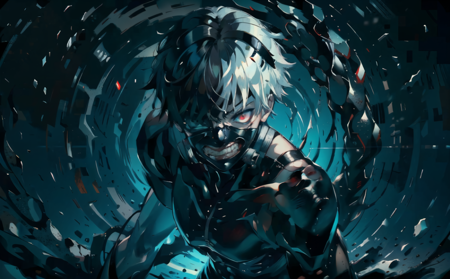 8k, anime, portrait, best quality, ultra high res, ultra detailed, black and high constrast color tone, extremely detailed lighting, cinematic lighting, soft lights, (masterpiece, high quality:1.4), (kaneki ken, black hair, white hair, red and black eye, mask | teeth, blood eyes, black clothes, scorpio tentacles),  <lora:epiNoiseoffset_v2:0.8>,  <lora:Kaneki_Ken-08:0.9>, blood, ((full body)), (dynamic pose), black background, thrilling, (fierce face)