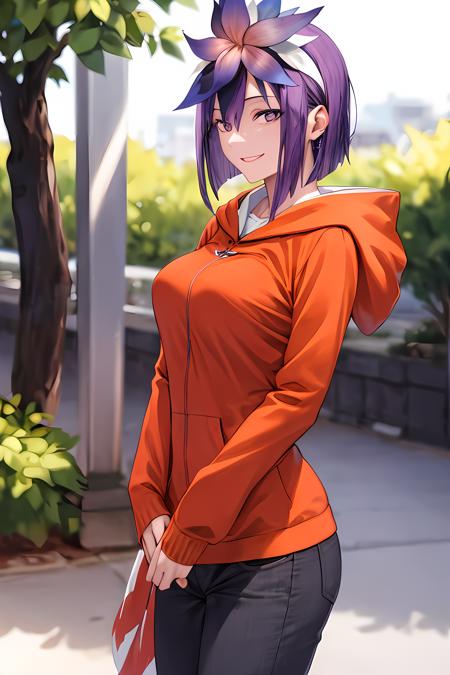 masterpiece, (best quality), 1woman,1girl , amanesmt, purple hair, purple eyes,   (from the front), hair flower, short hair,  orange hoodie, hood down, pants,  large  breasts, sexy woman,    smile, adult,  elegant, vibrant colors ,natural lighting  ,RTX,  beautiful, (detailed face:1.2), showcase, (perfect eyes:1.1) , (perfect pupils), (photorealistic:1.1), 8k uhd,  looking at viewer,  outdoors,  simple backround,