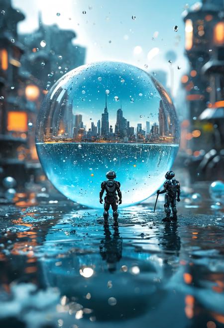 A nano world with nano cities, nano robots, nano humans, nano aliens surrounded by water bubbles perfil, fantasy, concept art, sci-fi, XF IQ4, 150MP, 50mm, F1.4, ISO 200, 1/160s, natural light, Adobe Lightroom, photolab, Affinity Photo, PhotoDirector 365<lora:add-detail-xl:1> <lora:MJ52:0.5> <lora:sss:0.5>