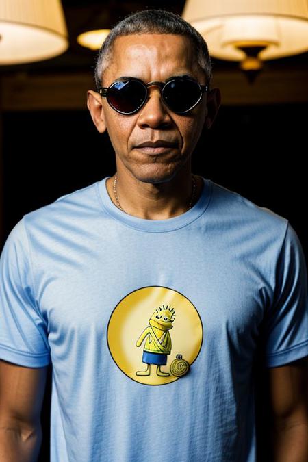 RAW photo, Barack Obama, 8k uhd, dslr, high quality, cinematic lighting, photorealistic, realistic, sport clothes (SpongeBob) , heart shaped sunglasses, rose tattoo on the neck, dimly lit <lora:epi_noiseoffset2:0.9>, low key, serious expression, intricate details,