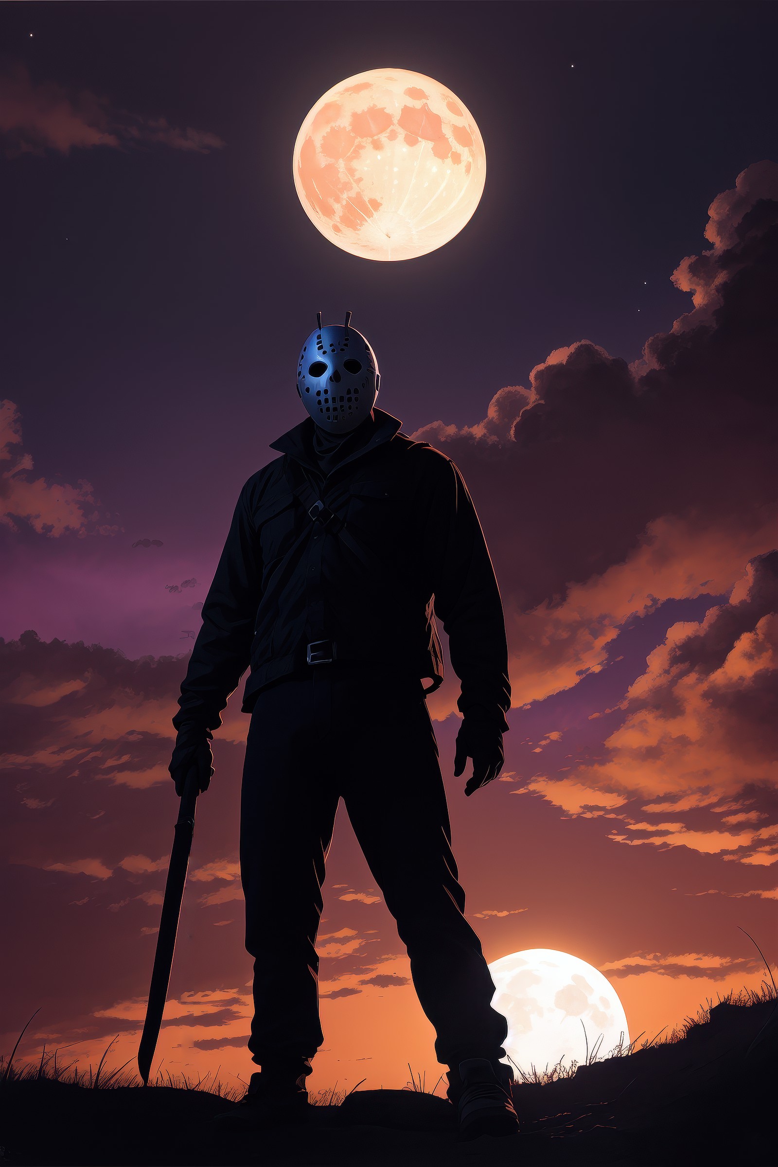 very scary jason voorhees! standing on a giant hill, new york panorama in far background, powerful pose, scary, horror, de...
