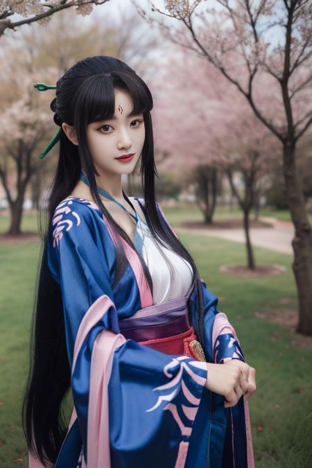 ltra-detailed,highly detailed,best quality,masterpiece,illustration,realistic,photorealistic,
liumengli, 1girl, solo, cosplay, 
hanfu, chinese clothes, wide sleeves, long sleeves, sash, hair ornament, 
long hair, black hair, bangs, blunt bangs, sidelocks, 
standing, looking at viewer, upper body, 
outdoors, grass, flower, day, cherry blossoms, tree, sunlight, photo background, rock, 
 <lora:liumengli_v1_06:1.0>