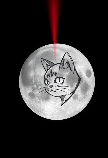 photo of the moon, a powerful laser is engraving the surface of the Moon with the drawing of the head of a japanese manga cat-girl