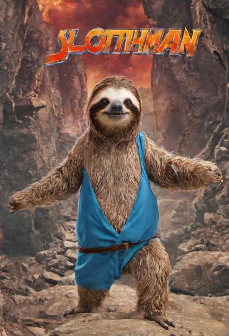 (("SLOTHMAN" (text logo:1.9) <lora:Harrlogos_v2.0:1.9>, (full body), (((fatty sloth))), (The Flash movie splash screen, furry fat sloth in costume without mask, with fat sloth head)), red and orange and blue colors predominate, hyper-detailing, hyper-realism, sharp shot, cinematic, action-packed background, <lora:xl_more_art-full_v1:1>), ((furry, sloth face, sloth eyes))
