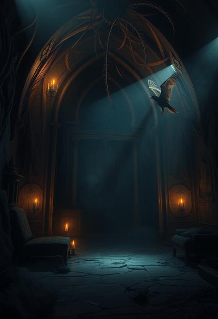 La Chambre D'Echo" - Where the death birds sing , sad environment, Dark, melancholic, Epic, hyper detailed, ultra realistic, top dramatic lights, dynamic shadows