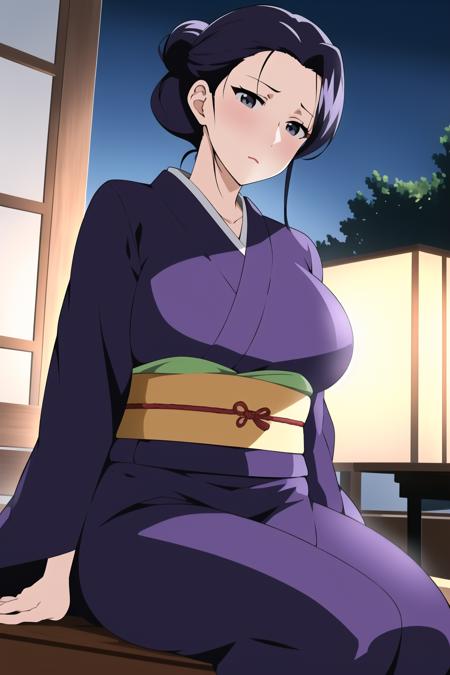 地点：(Night:1.7), Cyberpunk_CityView, Before Window,
动作：sitting at attention,sitting on couch,
服饰：purple_kimono,sash, shouji, shrine,japanese_clothes,
角色：<lora:Sumie_Takayanagi-V1:0.7>,
头发：black_hair,Hair_bun,lipstick, forehead,
角色鎖定：
1 girl, Manga,40yo,mature female,Beautiful Finger,Beautiful long legs,Beautiful body,Beautiful Nose,Beautiful character design, perfect eyes, perfect face,
眼神表情：
looking at viewer, (innocent_big_eyes:1.0),(expressionless:1.3),
畫質:
official art,extremely detailed CG unity 8k wallpaper, perfect lighting,Colorful, Bright_Front_face_Lighting,
(masterpiece:1.0),(best_quality:1.0), ultra high res,4K,ultra-detailed,
photography, 8K, HDR, highres, absurdres:1.2, Kodak portra 400, film grain, blurry background, bokeh:1.2, lens flare, (vibrant_color:1.2)
身材:
(Beautiful,large_Breasts:1.4), (beautiful_face:1.5),(narrow_waist),
Negative prompt: EasyNegative, bad-artist-anime, bad-hands-5, lowres, bad anatomy, bad hands, text, error, missing fingers, extra digit, fewer digits, cropped, jpeg artifacts, signature, watermark, username, blurry, out of focus, censorship, Missing vagina, Blurry faces, Blank faces, bad face, Ugly, extra ear, amputee, missing hands, missing arms, missing legs, Extra fingers, 6 fingers, Extra feet, Missing nipples, ghost, futanari, Extra legs, Extra hands, panties,pants, (painting by bad-artist-anime:0.9), (painting by bad-artist:0.9), text, error, blurry, jpeg artifacts, cropped, normal quality, artist name, (worst quality, low quality:1.4),
Steps: 27, Sampler: Euler a, CFG scale: 7, Seed: 3722259590, Size: 512x768, Model hash: 3e9211917c, Model: yesmix_v16Original, Denoising strength: 0.5, Hires upscale: 2, Hires steps: 18, Hires upscaler: R-ESRGAN 4x+ Anime6B