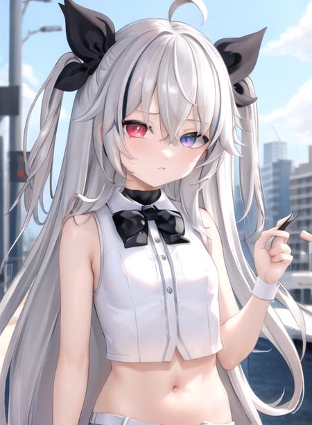 Nisha Nixyeva, 1girl, solo, long hair, oo bangs, blue eyes,red eyes,  grey hair, heterochromia, streaked hair, bow, ribbon, hair ribbon,two side up, hair between eyes, very long hair, ahoge,