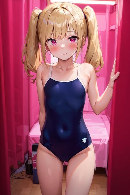 (masterpiece),
1girl,pov,blush,small,cute,pretty,
scmz , blue one-piece swimsuit,<lora:scmz blue one-piece swimsuit:0.4:NP>
blonde hair,  short twintails,
<lora:pnkr2:0.3:NP>,pink theme,purple theme,red theme,night,pink lighting,cinematic lighting,neon lights,