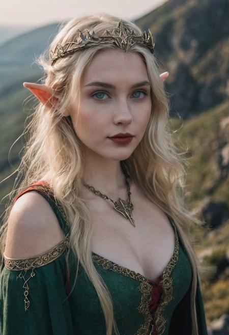 instagram photo, portrait photo of 18 y.o sorceress Emily standing on mountain, (cleavage:0.9), pale skin, (smile:0.4), cozy, natural skin, soft lighting, soft plump breasts, (cinematic, film grain:1.1), dirty blonde, red lipstick, (skin imperfections:1.2), elven, elf ears, Lord of the rings, green eyes