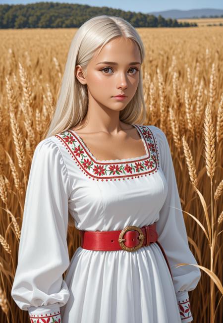 A Slavic Polevitsa. Shoulder-length light hair. Tanned skin. Brown eyes. Straight nose. Pink lips. White traditional Russian dress with red embroidery and red belt. Stands in wheat field. 
(Slavic Polevitsa, traditional Russian dress)
((half body view)), (((cowboy_shot)))