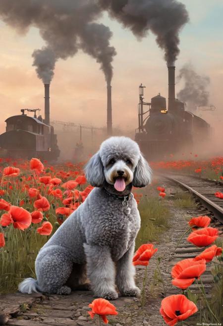 Create a beautiful realistic grey poodle -around the dog some poppies in style Alexander Jansson in pastel color- the background is in watercolor - with traces of soft brushes and color Hyperrealistic and hyperdetailed elements- impressionist- masterpiece-pencil sketch-Pencil and oil UHDR (32K) oil- digital graphics-style art by Bob Byerley, 
isometric, 
digital art, 
smog, 
pollution, 
toxic waste, 
chimneys and railroads, 
3 d render, 
octane render, 
volumetrics, 
by greg rutkowski