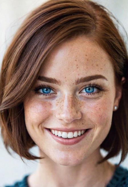 beautiful lady, (freckles), big smile, blue eyes, short hair, dark makeup, hyperdetailed photography, soft light, head and shoulders portrait, cover
