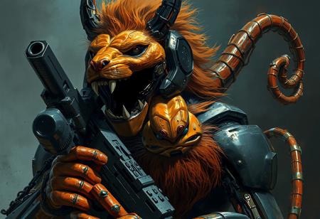 A high-definition, 8k resolution, pre-rendered, stylized painting of a cyborg Satan, inspired by Sam Black and Chaos Distillage, trending on Artstation, with an award-winning art style similar to Greg Rutkowski's dark art. The subject should be a close-up of a robot with a gun, featuring an anthropomorphic orange lion with a metal tail and blackness instead of eyes. The image should be color-corrected and free of watermarks, with a focus on threatening juxtaposition. Use a mix of dark art and science fiction elements to create a unique piece.