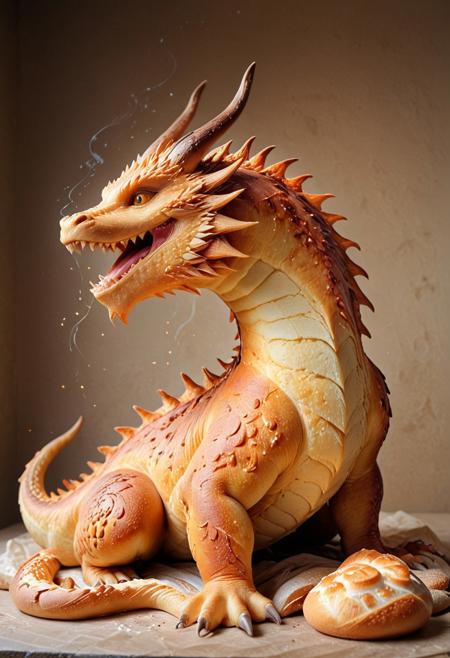 photorealistic, masterpiece, masterpiece quality, super fine concept art, dragon, made of bread, shout with fire:1.5, easynegative,
