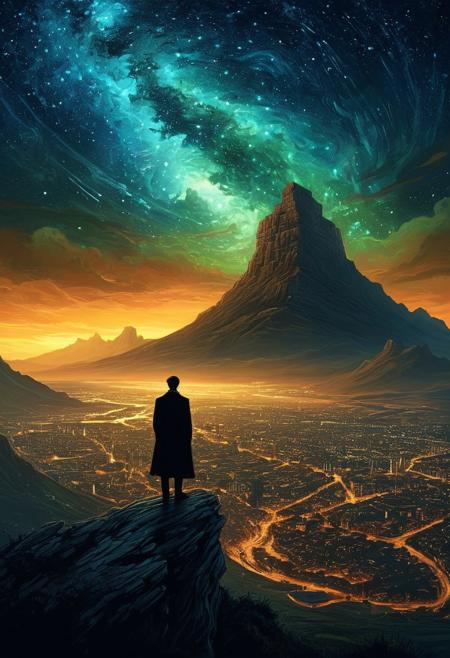 Cape Town in the Van Gogh style, starry sky, Dan Mumford, Andy Kehoe, The soft realism of John Constable in a desolate, darkened expanse of space, a vampire's silhouette twirls amidst a swirling vortex of starlight, drawn to the mesmerizing glow of a supernova black hole. The fortress of shadows looms in the distance, its foreboding architecture shrouded in an aura of malevolent mystery. As the camera zooms in, the viewer is enveloped in a world of stark contrasts: the vampire's ethereal beauty is juxtaposed against the harsh, unforgiving environment of the cosmos. Volumetric lighting casts eerie shadows across the vampire's face,,   gritty poster art  epic gorgeous details