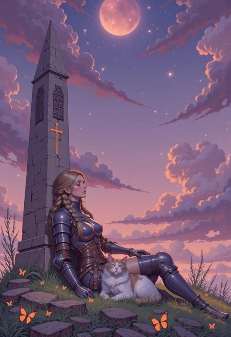 A serene and awe-inspiring high fantasy scene capturing a beautiful female knight peacefully asleep beneath the open sky. She leans gently against a towering runic obelisk, its ancient surface glowing faintly with magical sigils. Her armor glimmers with subtle reflections, polished but worn, her long braid draped across her shoulder, framing a soft, cute face touched by calm dreams. A magical, fluffy cat with shimmering white fur and deep blue eyes rests curled on her lap, purring quietly, exuding a gentle magical aura. Butterflies drift lazily through the grass around them, caught in soft beams of golden light. The sky above is a dreamy blend of lavender, pink, and blue, with delicate clouds drifting through. The atmosphere is quiet, enchanted—filled with stillness and bliss. The scene feels like a visual poem about peace, loyalty, and forgotten legends, rich with color, emotion, and story. Inspired by the romanticism and painterly depth of Luis Royo, Frank Frazetta, and John Howe. A breathtaking, hyper-detailed masterpiece full of warmth, balance, and heart.  mesmerizing, breathtaking, accurate