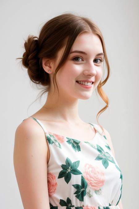 HD, perfect quality, 16k, very detailed,  a beautiful 21yo college girl with ginger hair in an updo, pale skin, wearing a calico floral dress, pink fleckes, green eyes, slim, detailed skin, hair behind ear, smiling proudly, standing in front of white background