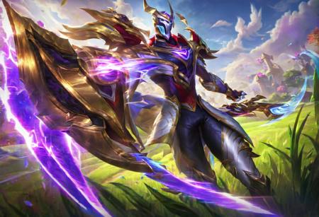 soul fighter jhin skin, best aesthetic, lolsplashart, solo, 1boy, weapon, male focus, outdoors, sky, day, cloud, armor, glowing, leaf, grass, shoulder armor