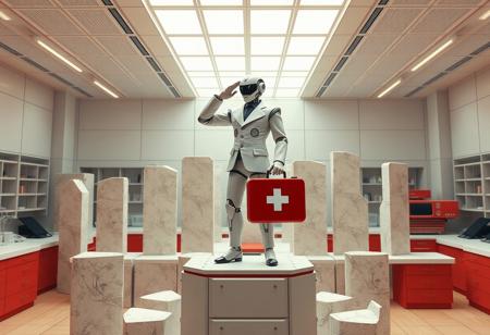 Create a photorealistic image of a robot standing on a Stonehenge Methods structure in a 1970s science lab. Incorporate the great wave and white and red color scheme prominent in the image. The robot should be holding a first aid kit and be dressed in attire reminiscent of a conductor, with a pose of saluting. Use pixelperfect and kit bash techniques, with attention to correct proportions and a focus on healing and academia style. The image should evoke a sense of artistic, top quality tfwiki.net photography.