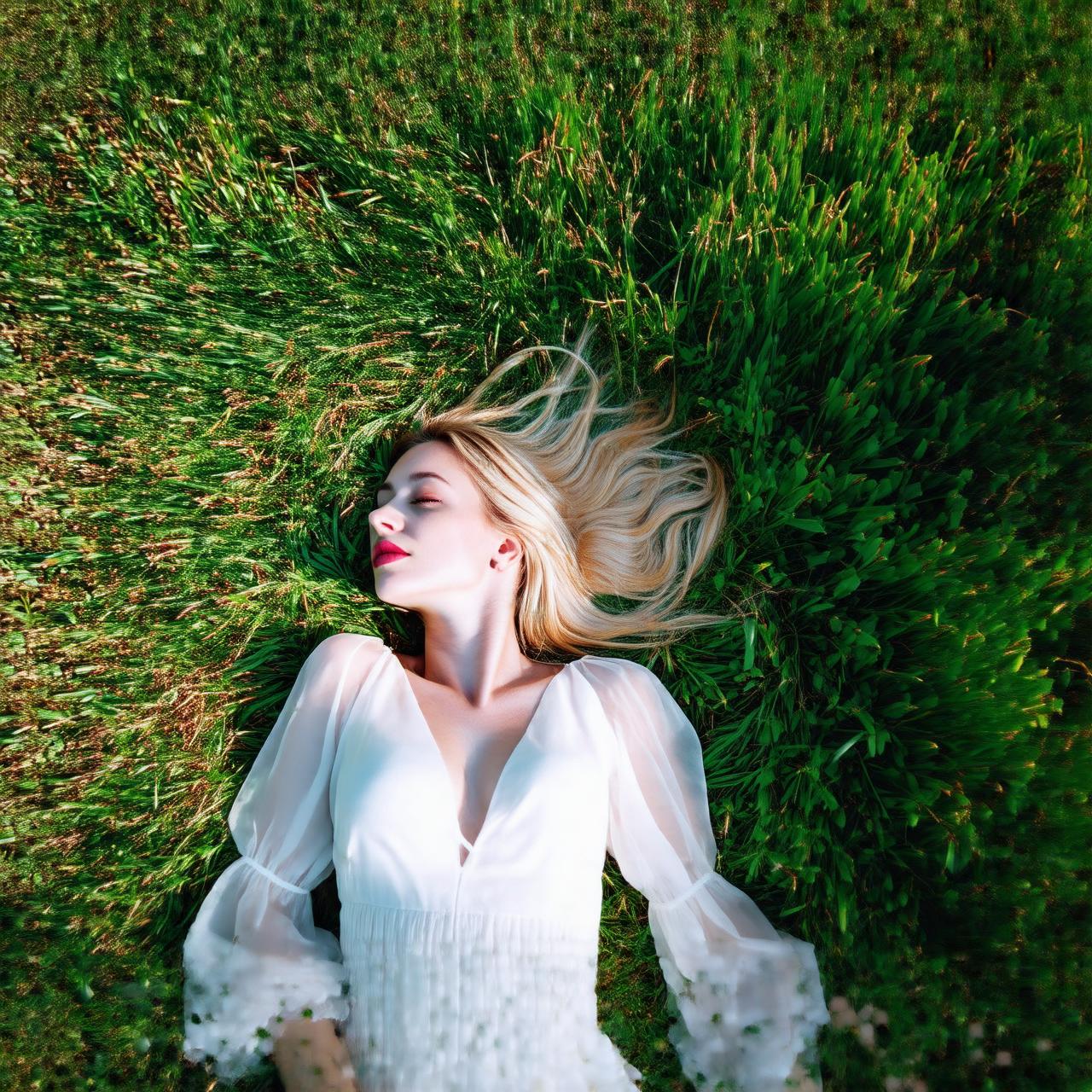 digital photo, raw photo, from above, a blonde woman lays on thick grass in long dress, (top quality, best quality, insane details:1.4)