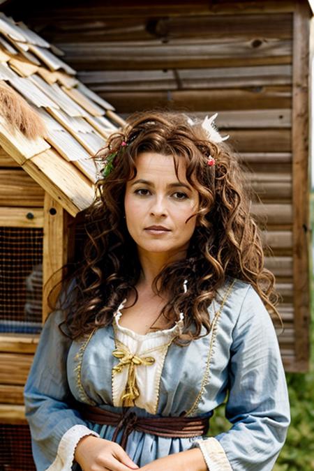 <lora:Helena_Bonham_Carter:1> 1woman, solo, mature hb1873c, , brown_hair, wavy hair, messy hair, greek costume ,  chicken coop , day