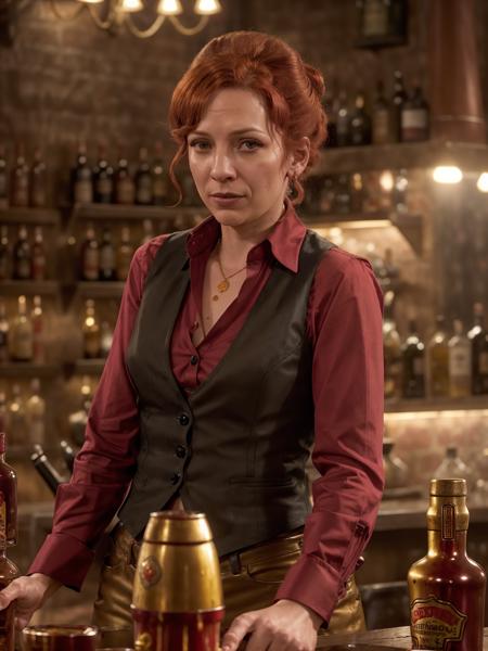 (Katherine Parkinson) western RPG character red hair upsweep updo button shirt, long sleeve shirt, red shirt, black vest, buttoned vest, at a cantina sitting bar tequila liquor bottles, Lighting-Gold (dark moody ambience:1.2) (masterpiece:1.2) (photorealistic:1.2) (bokeh) (best quality) (detailed skin:1.2) (intricate details) (Clutter-Home) (8k) (HDR) (cinematic lighting) (sharp focus) <lora:Katherine-Parkinson-v10:0.7>